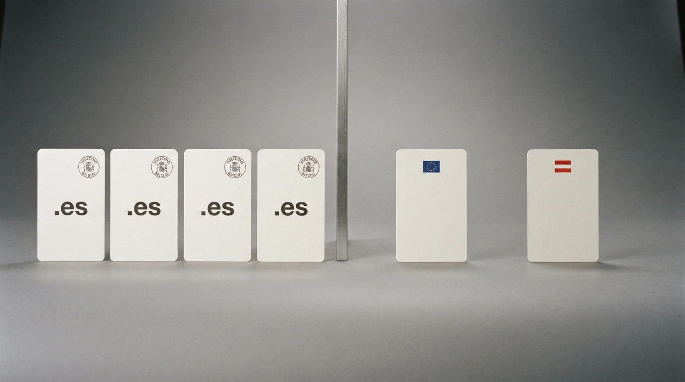 Composición visual con las dos categorías de operadores: a la izquierda, tarjetas con el dominio .es y el sello DGOJ; a la derecha, tarjetas sin el sello y con bandera de Curaçao