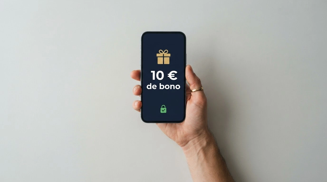 Mano sosteniendo un móvil con la pantalla mostrando «10 € de bono» junto al icono de un regalo y un candado de verificación