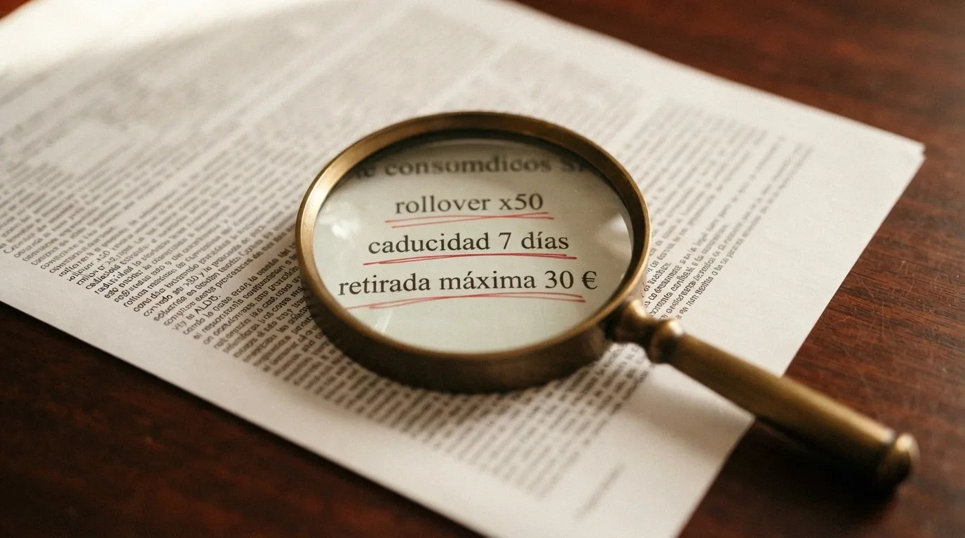 Primer plano de una lupa sobre la letra pequeña de un documento, con los términos «rollover», «caducidad» y «retirada máxima» señalados