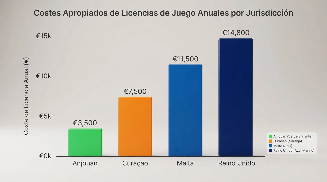 Gráfico comparativo de barras con los costes de licencia de Anjouan frente a Curaçao, Malta y Reino Unido