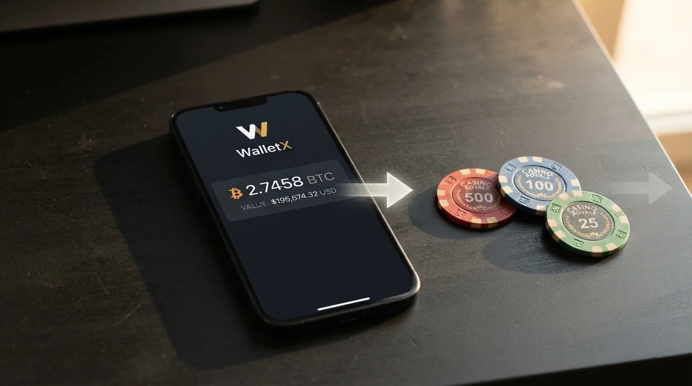 Wallet de criptomonedas en la pantalla de un móvil junto a fichas de casino con el símbolo de bitcoin, conectadas por una flecha