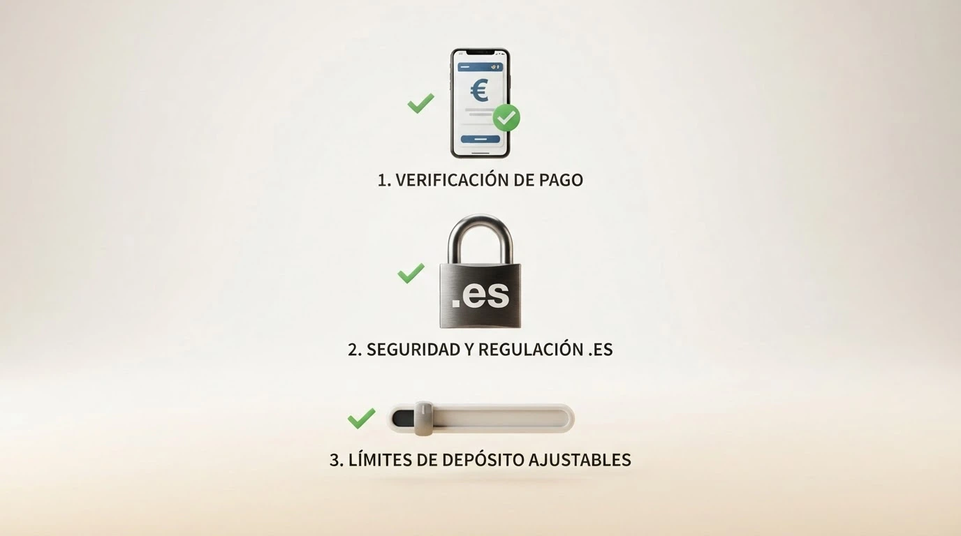 Una lista de comprobación con tres elementos: un icono de Bizum, un candado con el dominio .es y un gráfico de límites, marcados con una palomita verde
