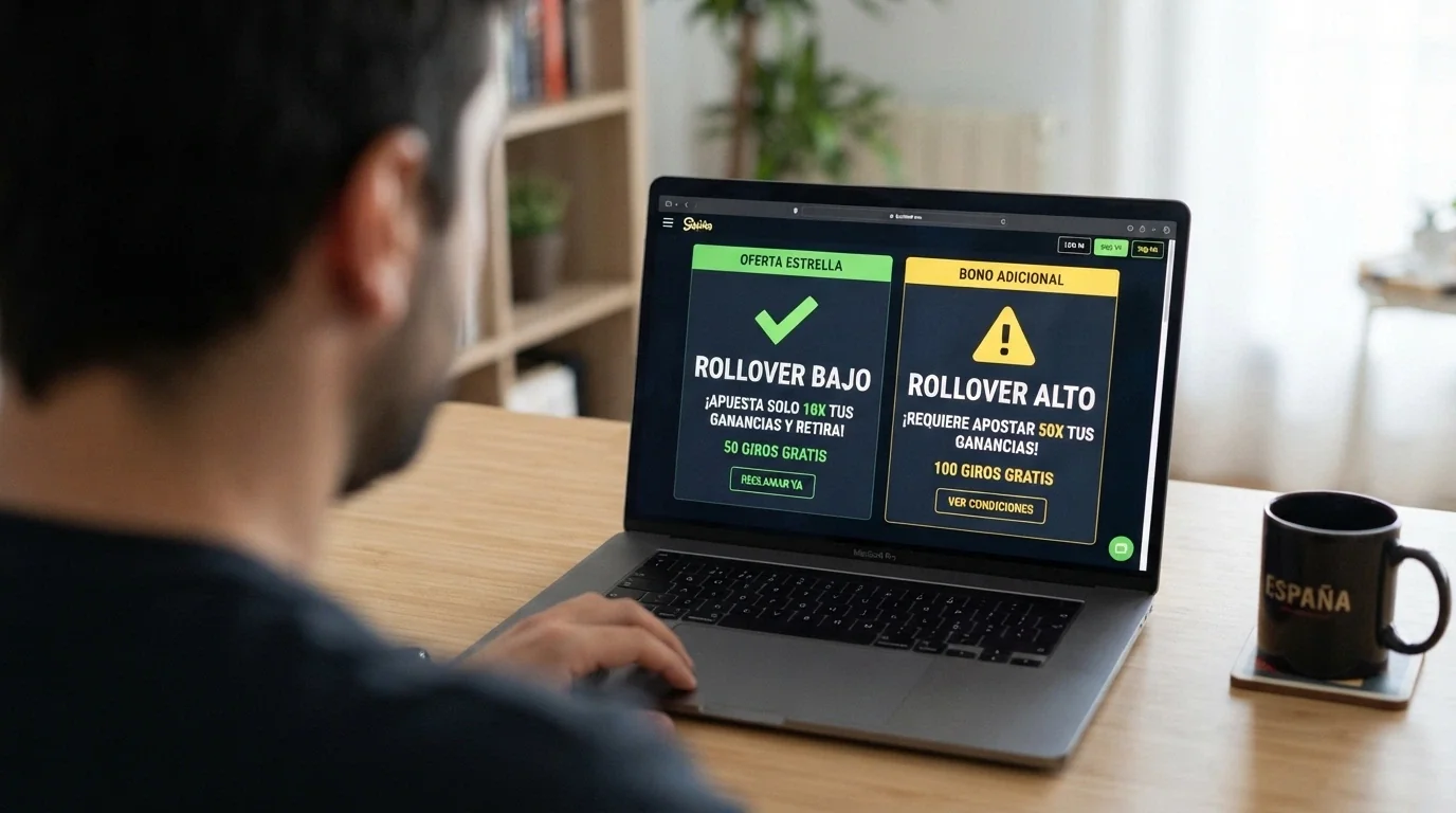 Un jugador sentado frente a una pantalla con dos ofertas de tiradas gratis comparadas lado a lado, una con un check verde sobre «rollover bajo» y otra con un aviso amarillo sobre «rollover alto»