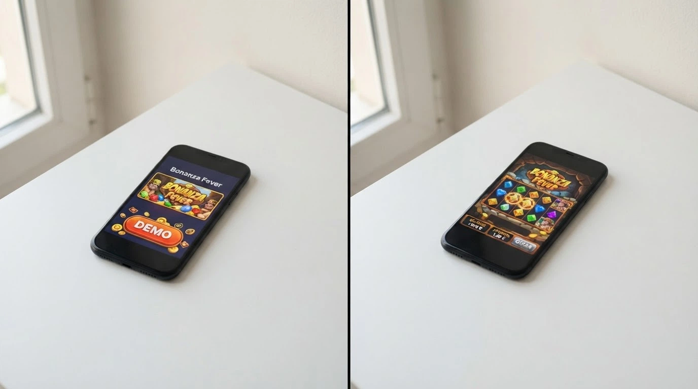 Pantalla dividida: a la izquierda, el botón «Jugar gratis» o «Demo» en la ficha de un slot de Hacksaw dentro de un casino español; a la derecha, la misma interfaz de juego con un saldo ficticio de 1.000 € en la esquina