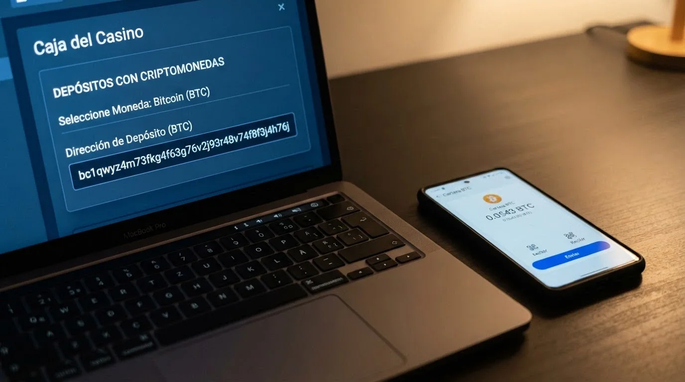 Pantalla de cajera de casino online mostrando una dirección de depósito BCH junto a un monedero digital con la transacción en curso