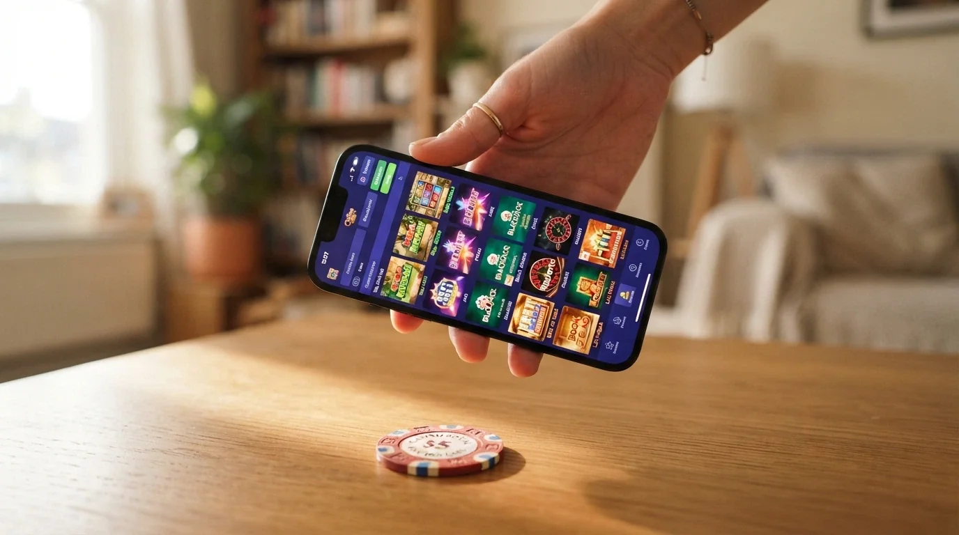 Mano sosteniendo un móvil con la pantalla de un casino online español y un euro físico junto al dispositivo, en un entorno doméstico iluminado.