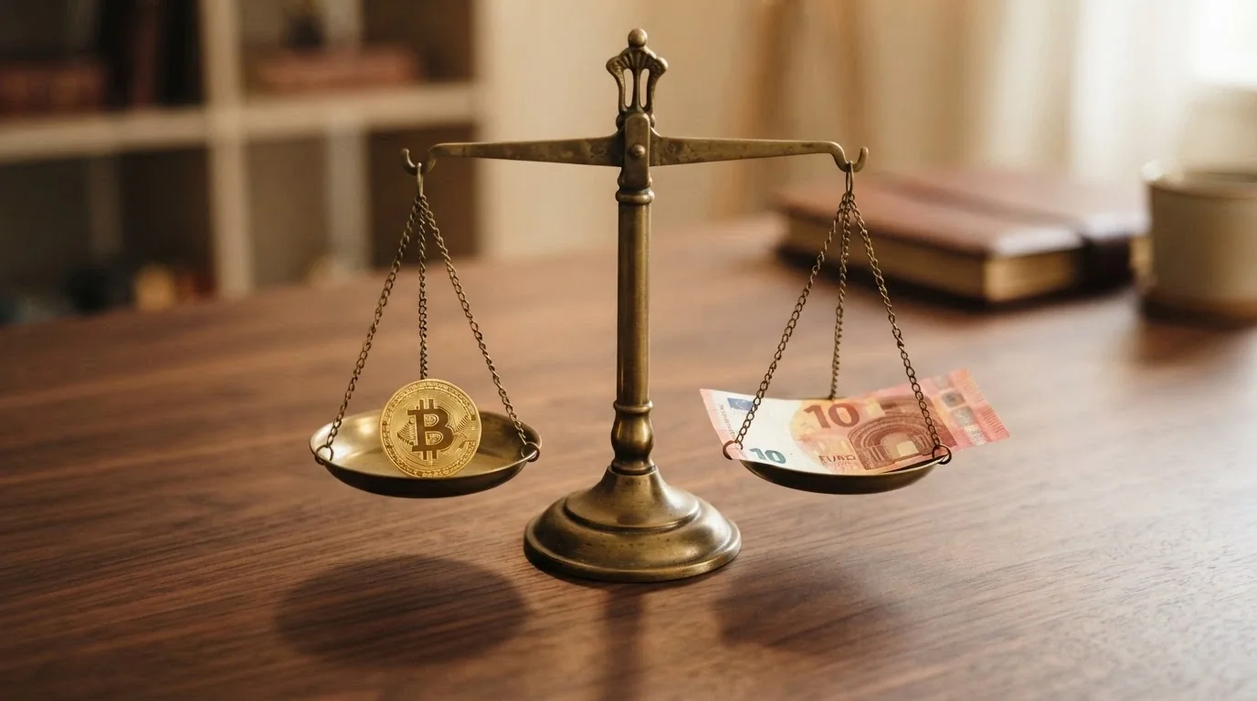 Monedas de euro y fracciones de Bitcoin sobre el plato de una balanza, con los valores 0,0001 BTC y 10 € visibles en cada lado