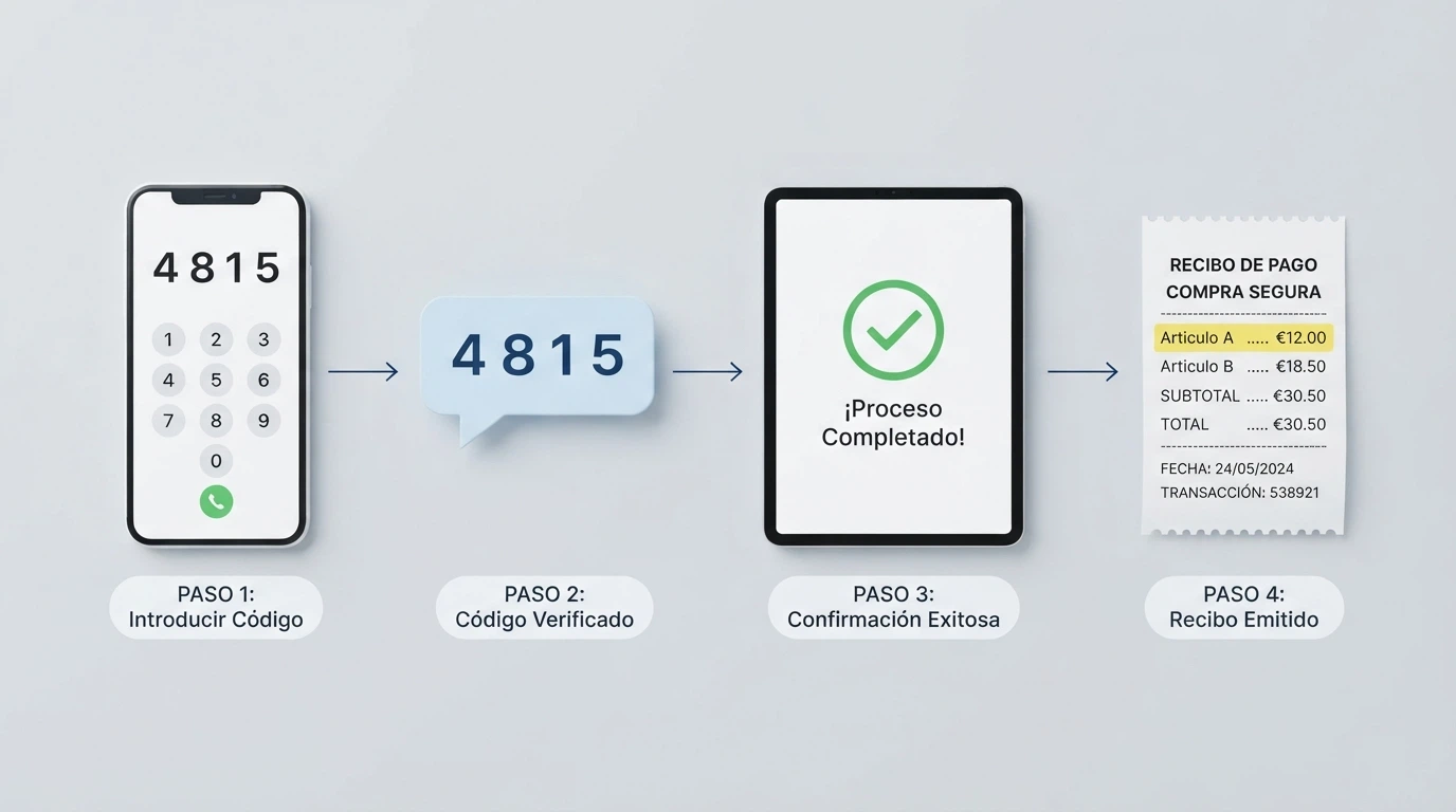 Infografía simplificada del proceso de depósito por SMS: teléfono, código de verificación, pantalla de confirmación y factura