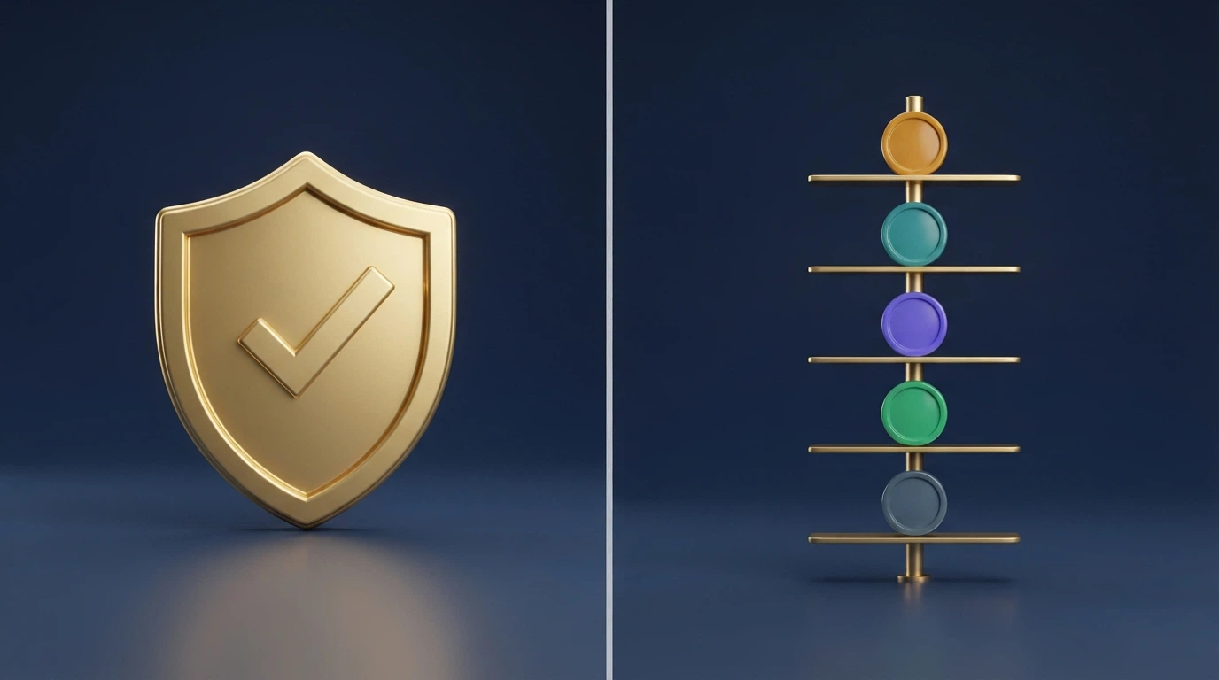 Pantalla dividida: a la izquierda el logotipo de la DGOJ con el dominio .es; a la derecha, una lista de criptomonedas aceptadas en un casino offshore