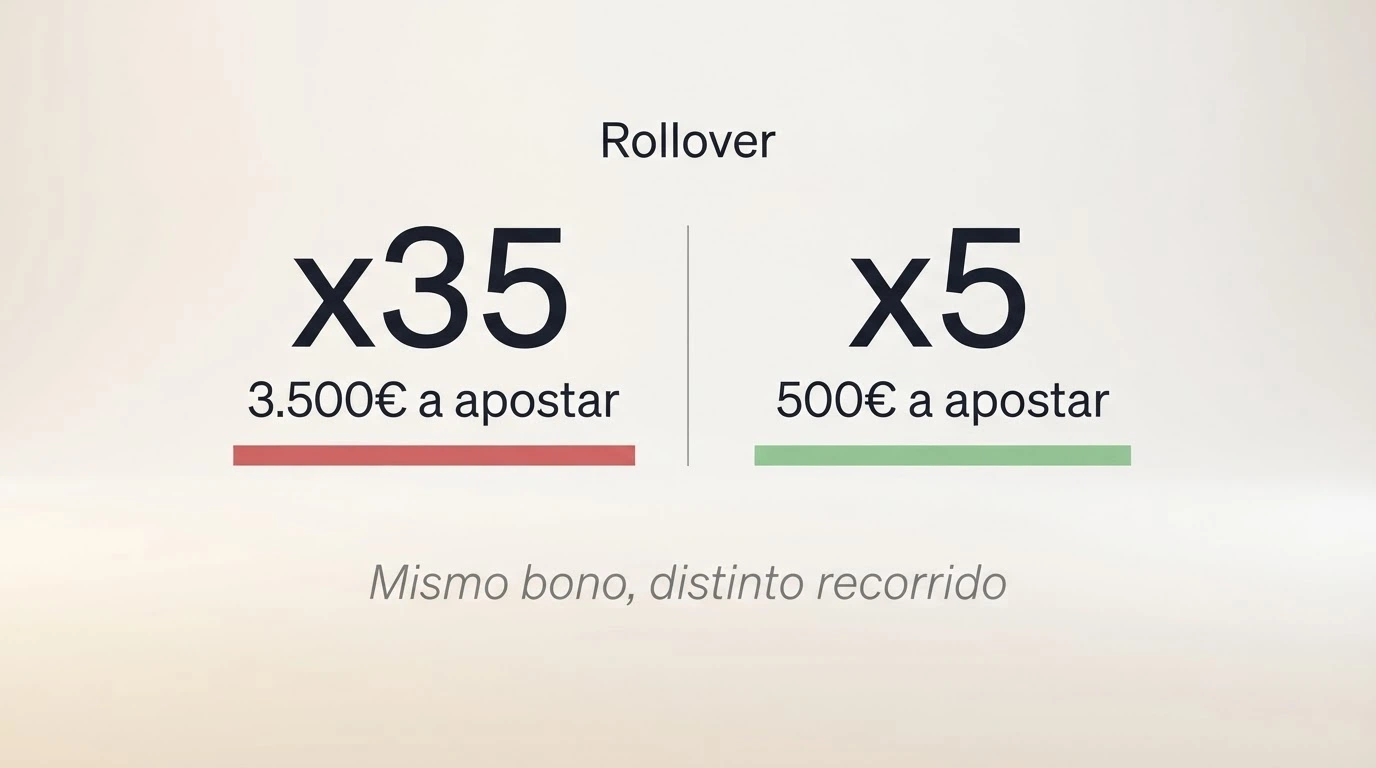 Dos columnas comparativas: una con «x35 = 3.500€ a apostar» y otra con «x5 = 500€ a apostar» para el mismo bono de 100€.