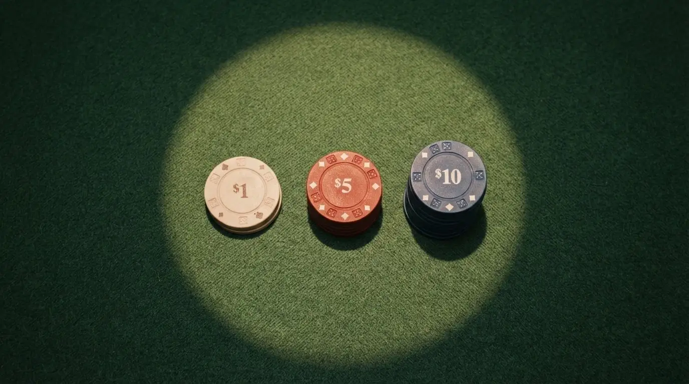 Tres montones de monedas de 1 €, 5 € y 10 € alineados sobre el tapete verde de un casino