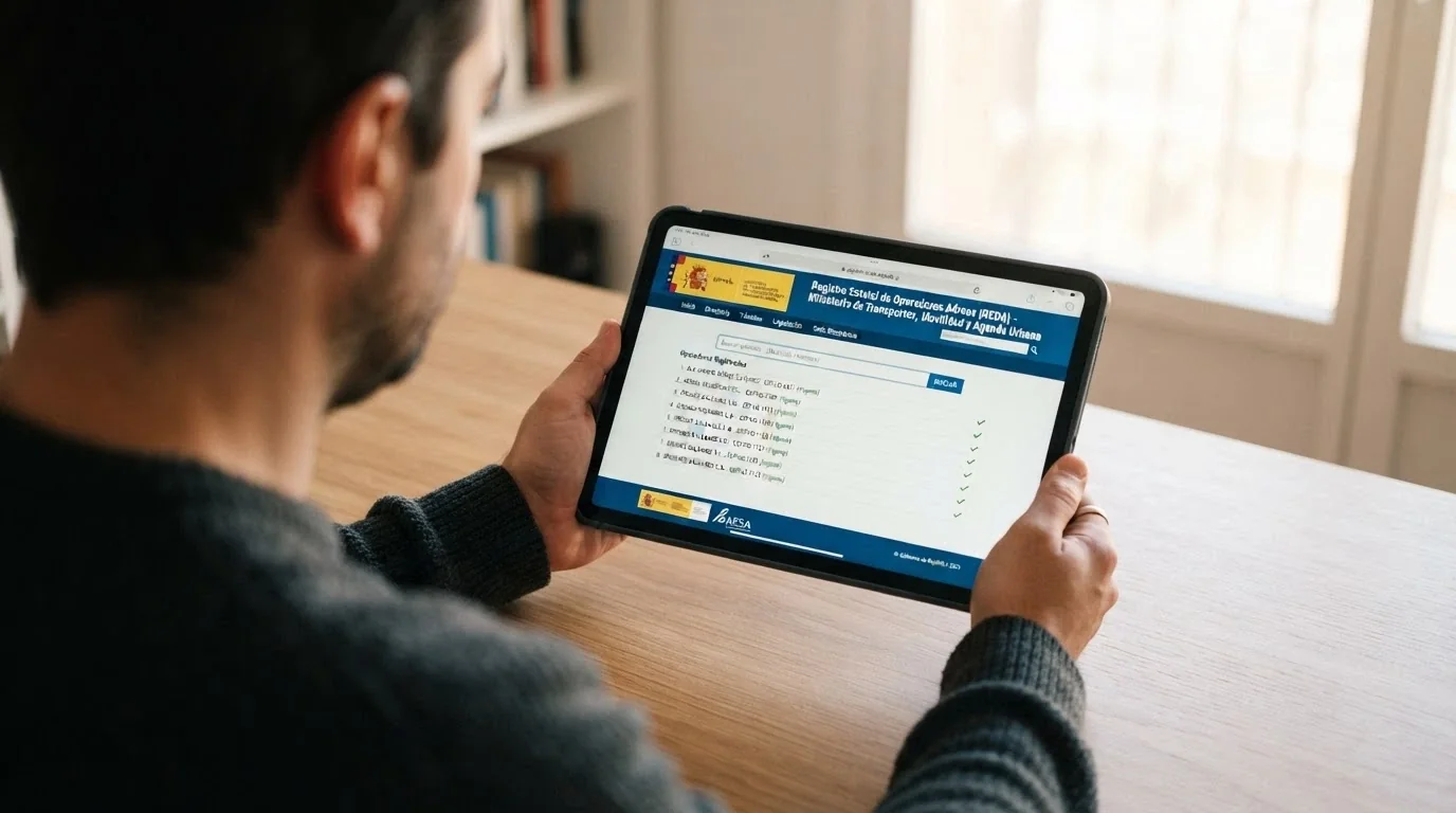 Jugador consultando el registro de la DGOJ en una tableta antes de abrir una cuenta de casino