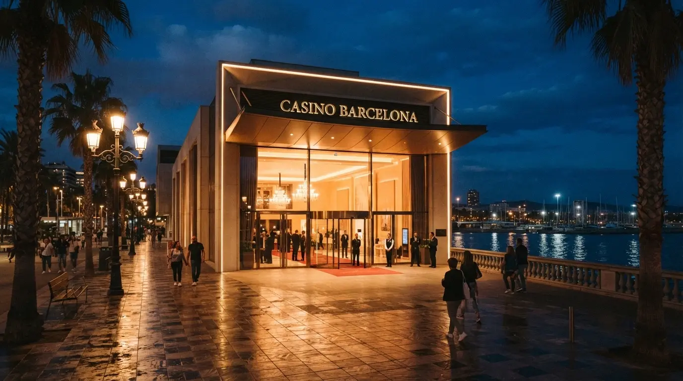 Puerta de acceso al Casino Barcelona de noche con la iluminación del paseo marítimo