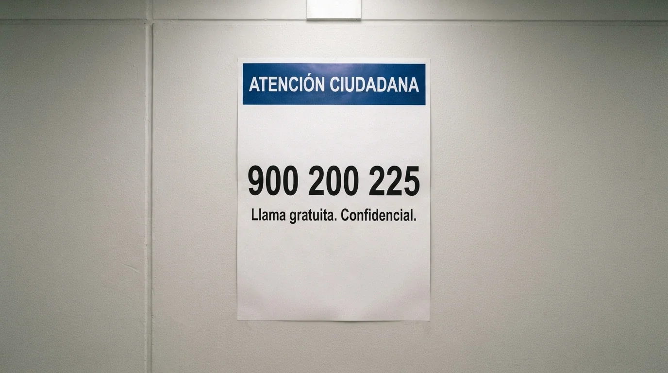 Cartel informativo con el número 900 200 225 y el logotipo de FEJAR sobre un fondo sobrio