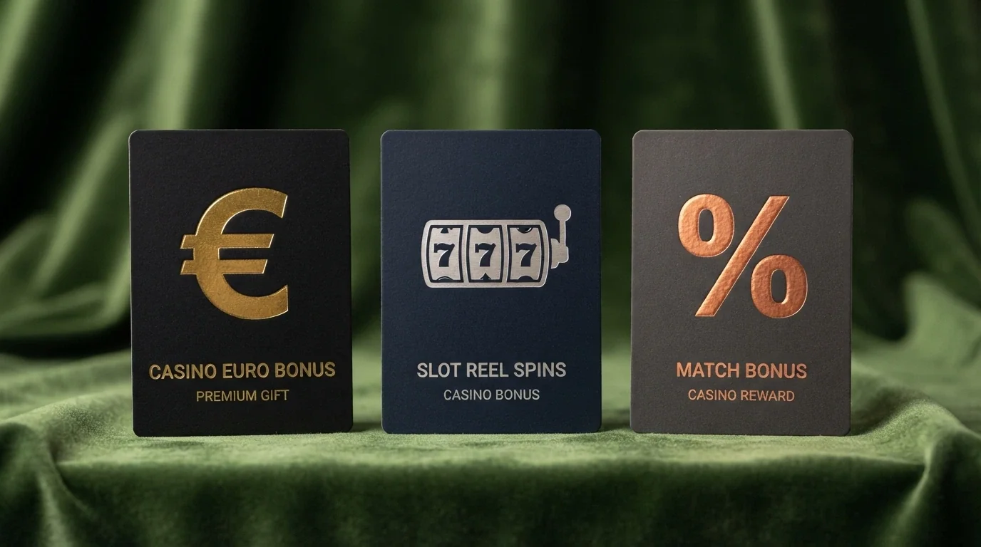 Tres tarjetas de regalo alineadas: una con el símbolo del euro, otra con un carrete de tragaperras y otra con un signo de porcentaje, sobre fondo de terciopelo verde