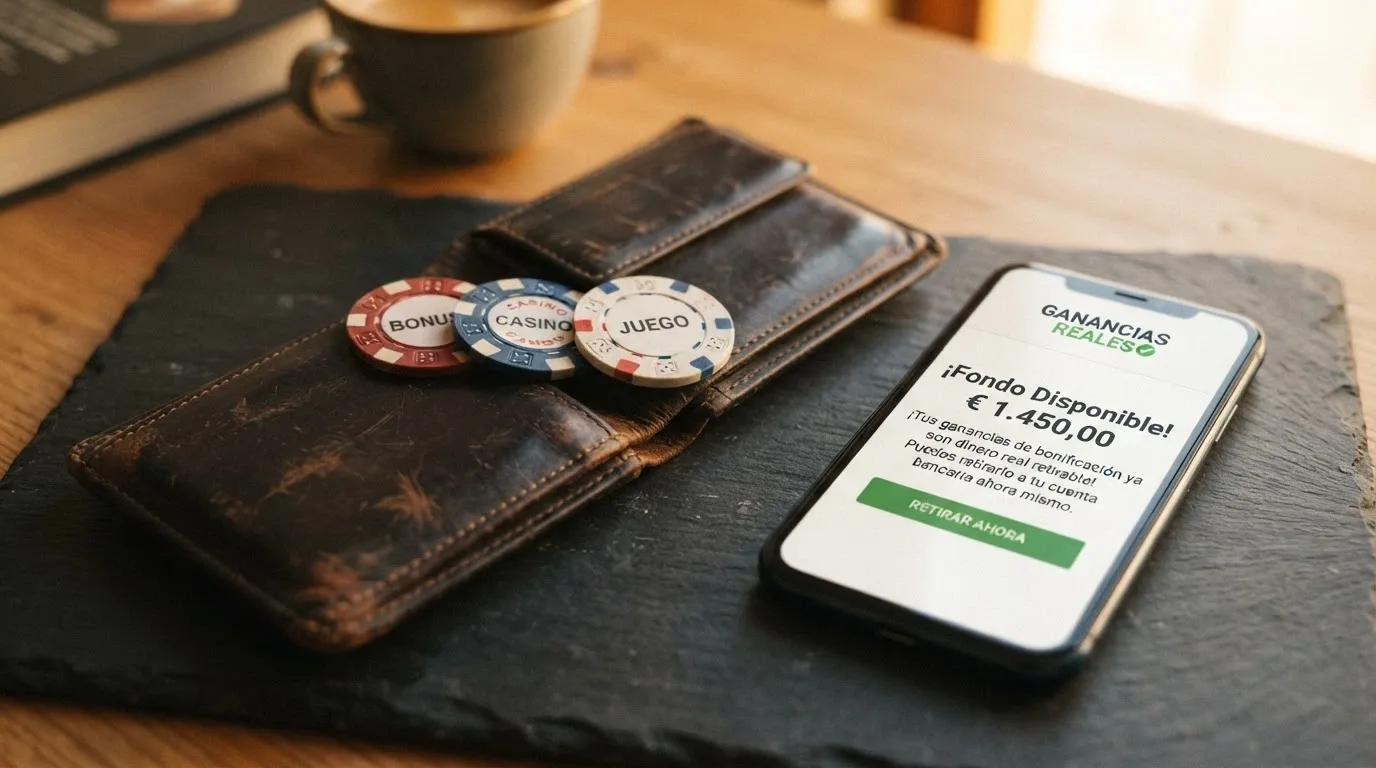 Un monedero abierto con billetes de euro y una pantalla de móvil al lado mostrando el saldo de un casino online como dinero real retirable