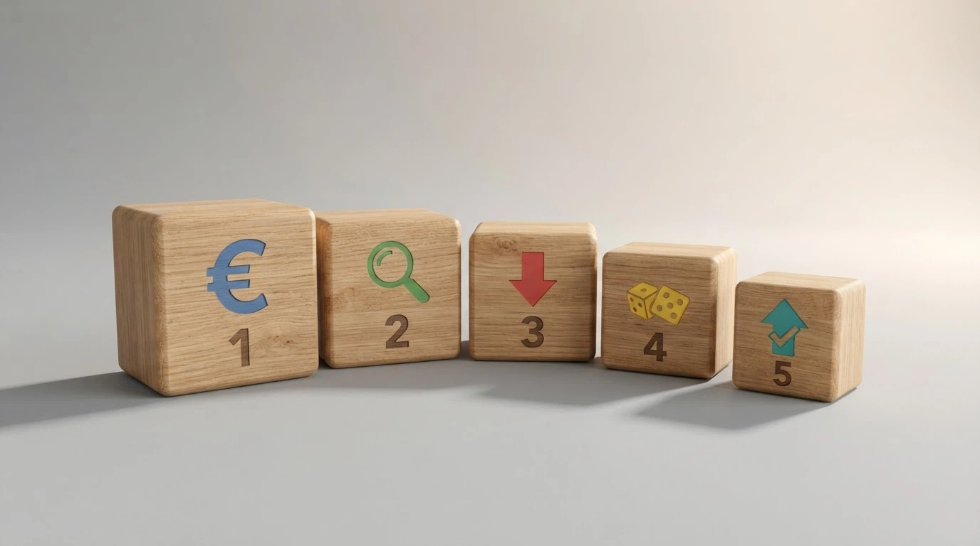 Infografía de 5 pasos: comprar BTC, elegir casino, depositar, jugar y retirar, con iconos de exchange, monedero, dados, y una pantalla de retirada completada