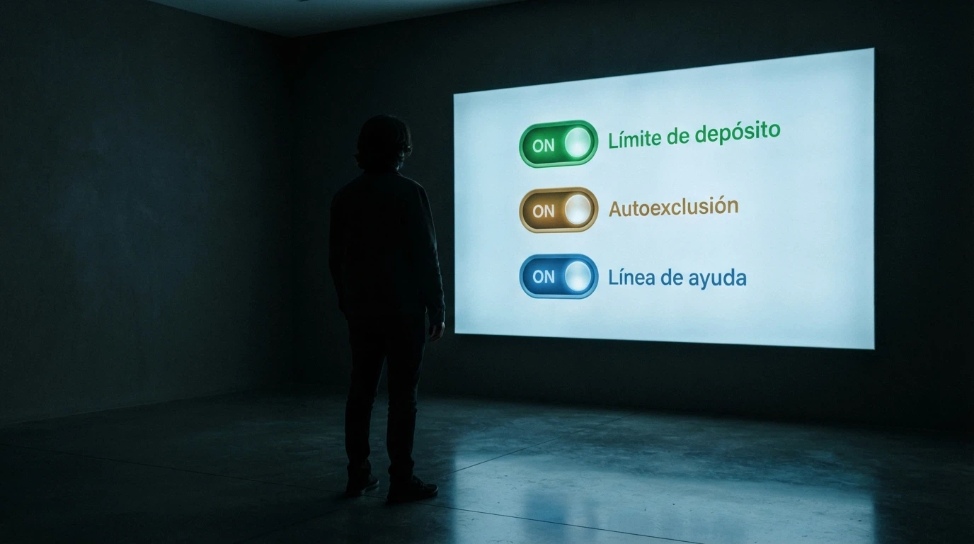 Silueta de una persona ante una pantalla donde se ven tres interruptores: «límite de depósito», «autoexclusión» y «línea de ayuda»