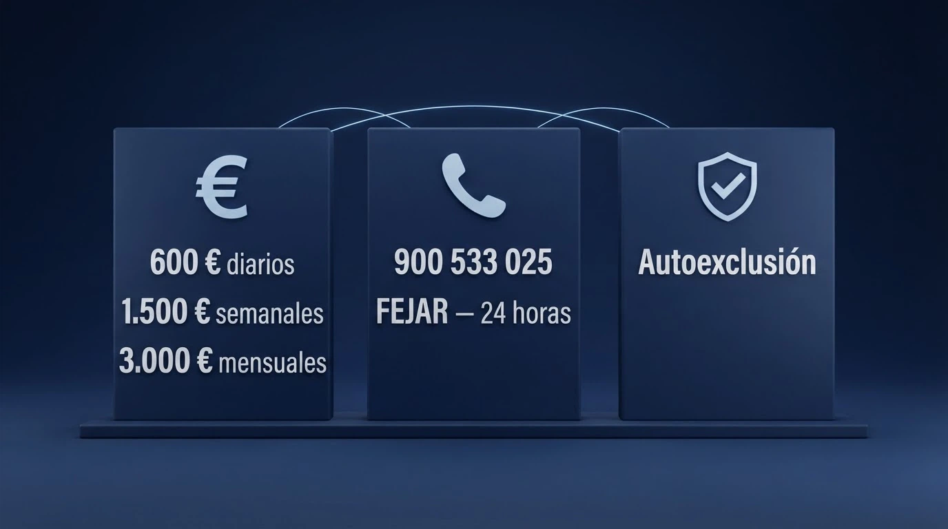 Infografía con los tres pilares de protección: límites de depósito (cifras), teléfono FEJAR 900 533 025 (icono de auricular), y mecanismos de autoexclusión (icono de escudo)