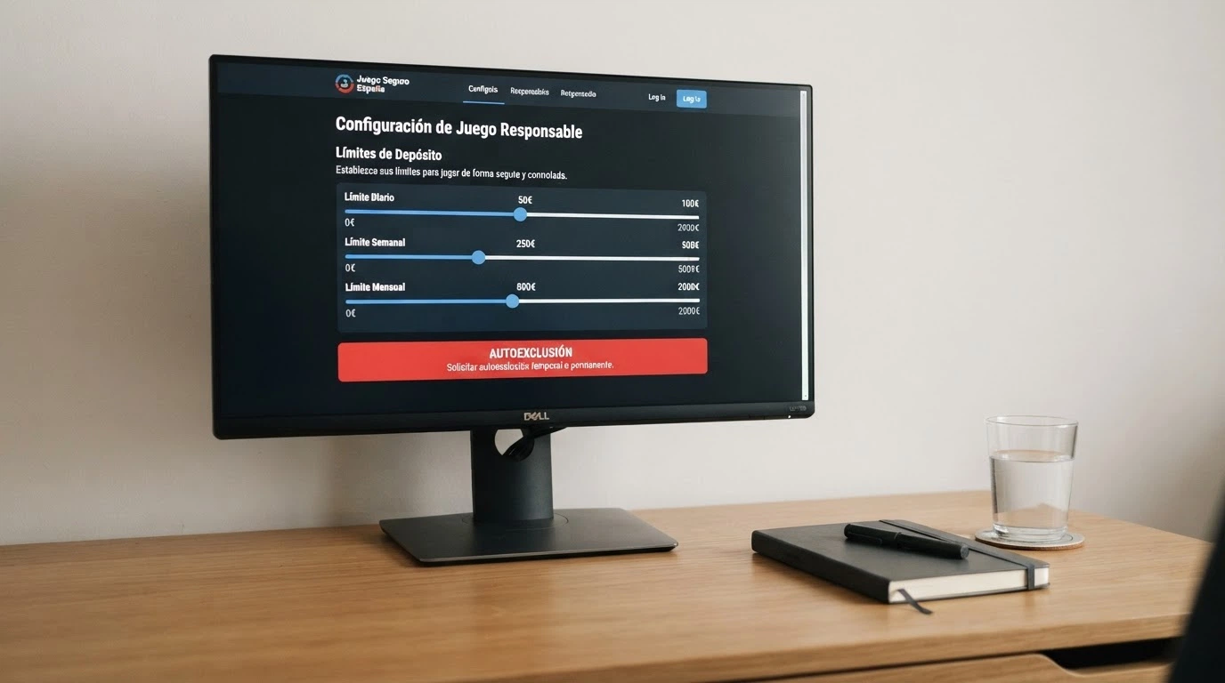 Una interfaz de configuración de límites de depósito en la pantalla de un ordenador, con deslizadores para límite diario, semanal y mensual junto a un botón de autoexclusión