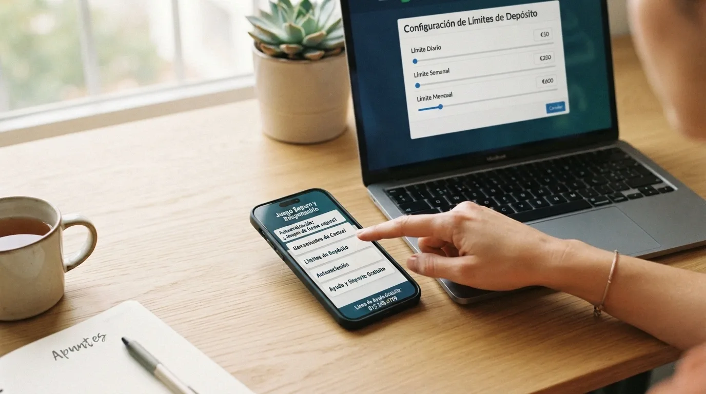 Interfaz de configuración de límites de depósito en un casino online español junto a un teléfono móvil con el portal jugarbien.es abierto