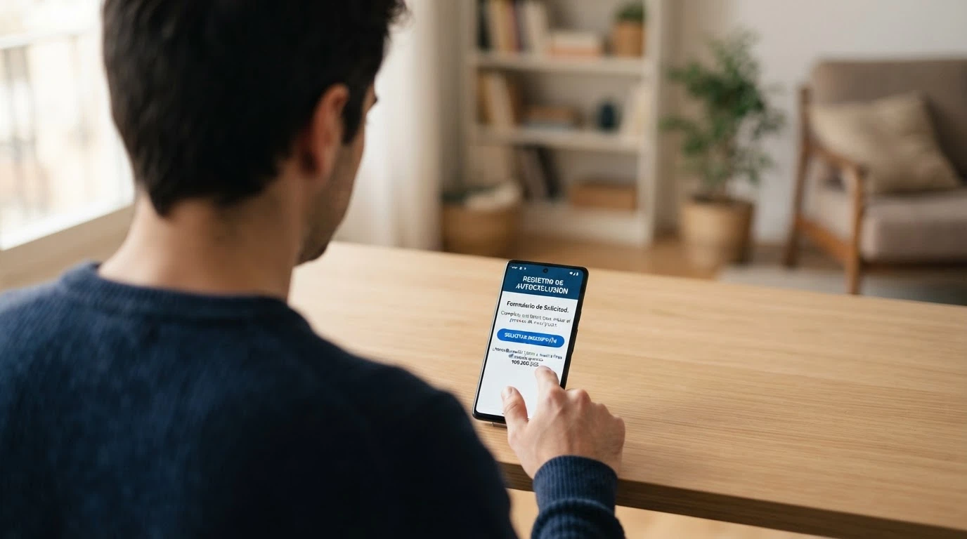 Un teléfono muestra la pantalla de autoexclusión del RGIAJ con un botón de «Solicitar inscripción» y el número 900 200 225 de FEJAR visible en la parte inferior