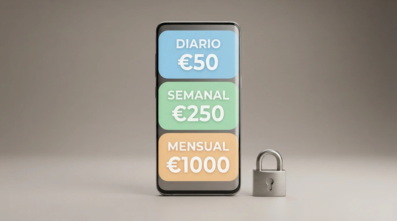 Representación visual de los controles de juego responsable en un casino online: panel de límites de depósito diario, semanal y mensual junto al icono de autoexclusión