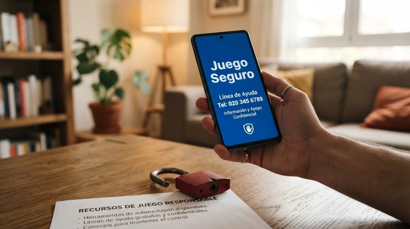 Teléfono móvil mostrando números de ayuda (Juego Seguro, FEJAR) junto a un candado roto sobre el logo RGIAJ