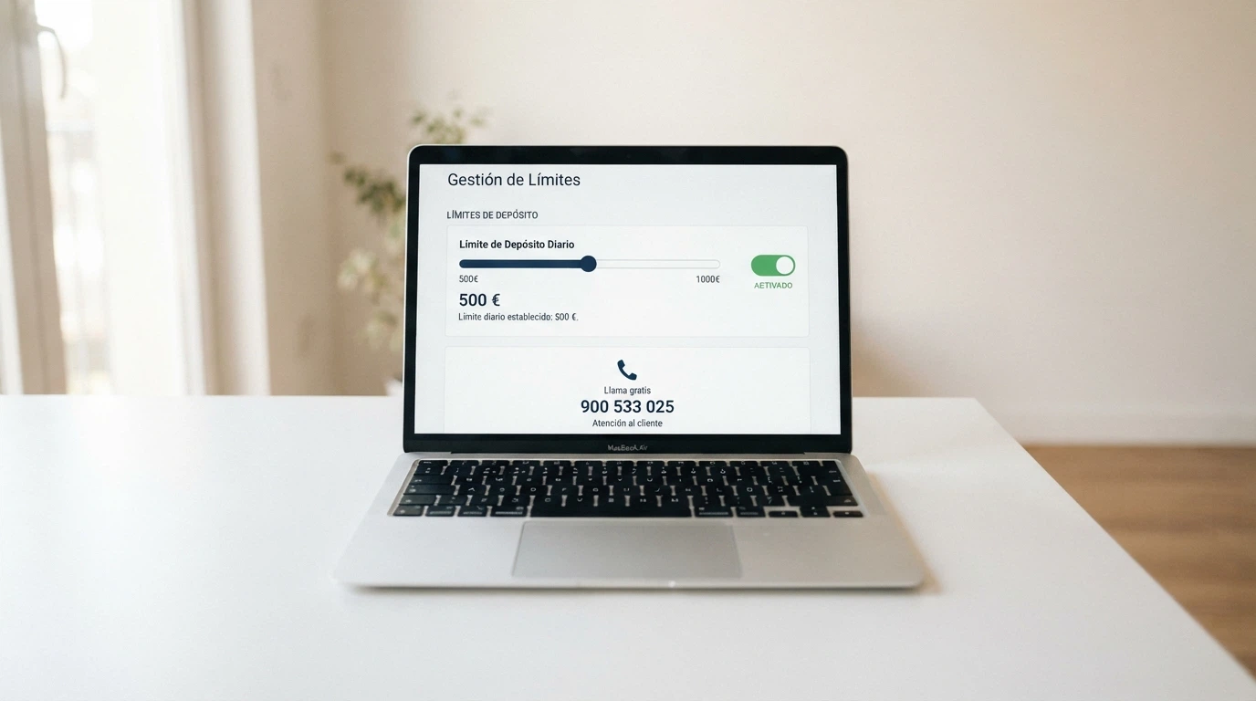 Un panel de control de límites de depósito en la interfaz de un casino online, con el teléfono de ayuda de FEJAR visible