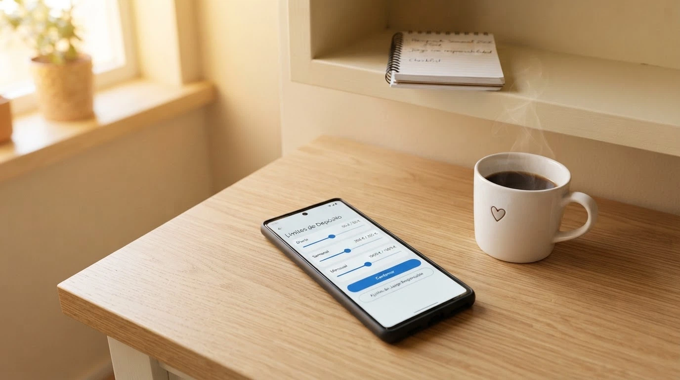 Teléfono móvil mostrando la pantalla de ajustes de límites de depósito de un casino online, con un calendario y una taza de café al lado, en un ambiente doméstico tranquilo