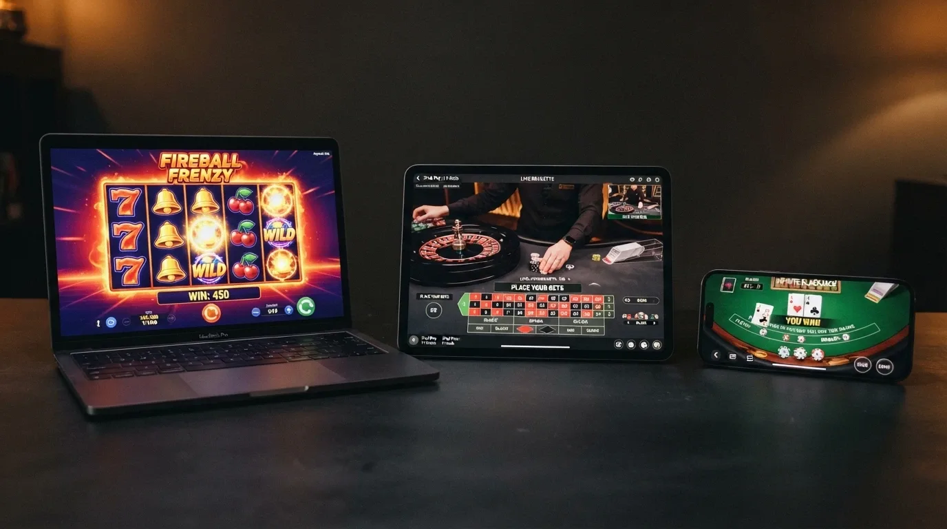 Collage de pantallas con slots, una ruleta en vivo y una mesa de blackjack de la plataforma