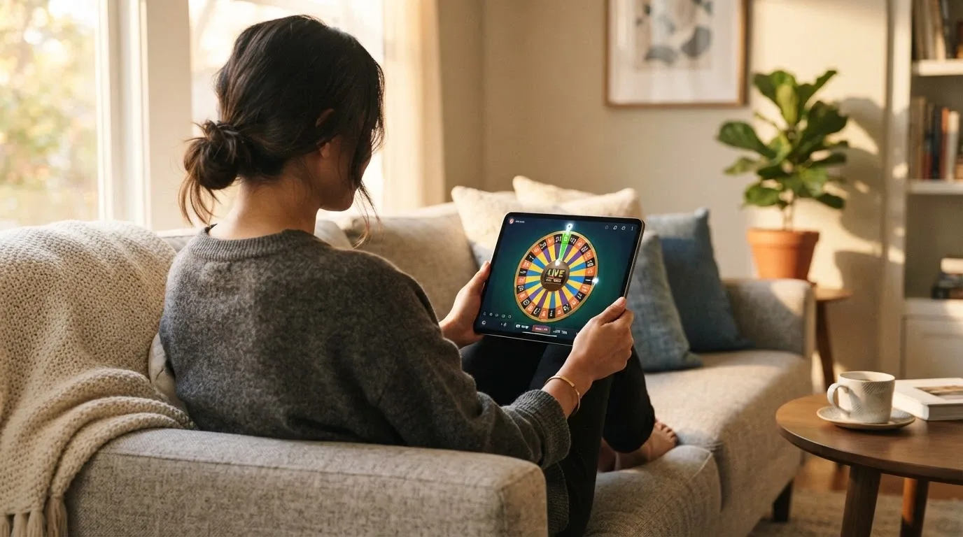 Un jugador consultando la rueda de Crazy Time en una tablet desde el sofá, con una taza de café al lado