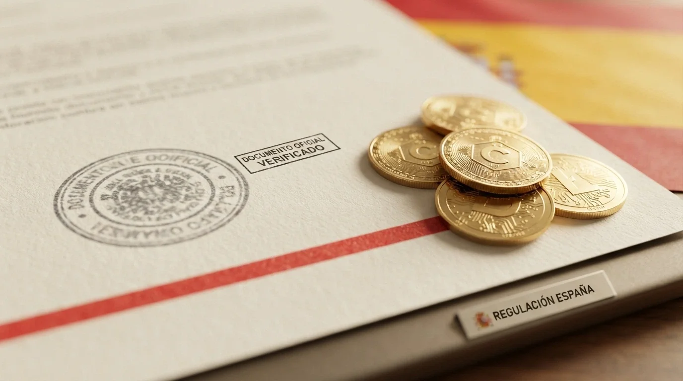 Sello oficial de la DGOJ en escala de grises, separado por una línea roja de un grupo de monedas de Bitcoin en color, con la bandera de España difuminada al fondo