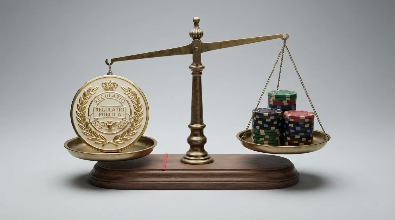 Balanza con el logo de la DGOJ en un platillo y fichas de casino con símbolos de BCH en el otro, separados por una línea roja