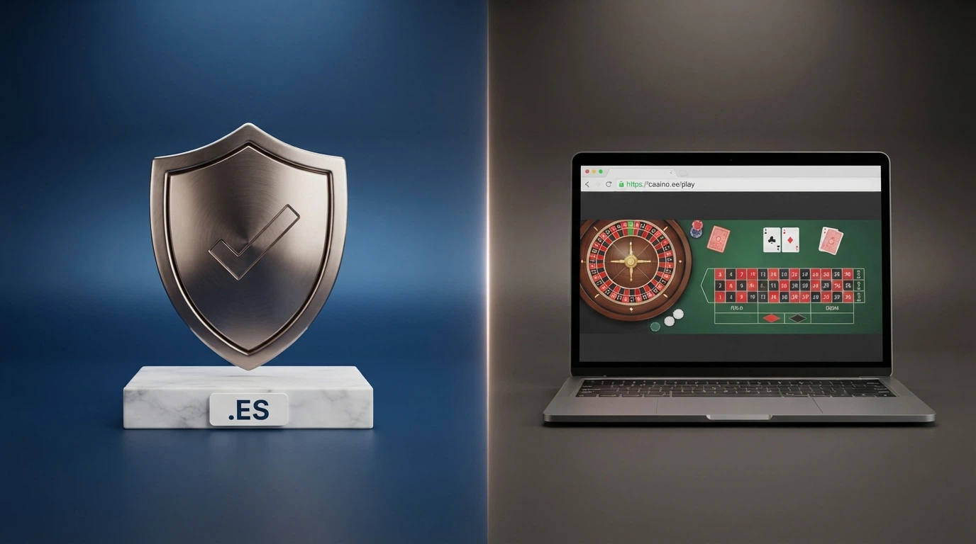 Pantalla partida: a la izquierda, el escudo de la DGOJ y un sello .es sobre fondo azul institucional; a la derecha, una web de casino con el candado de conexión segura
