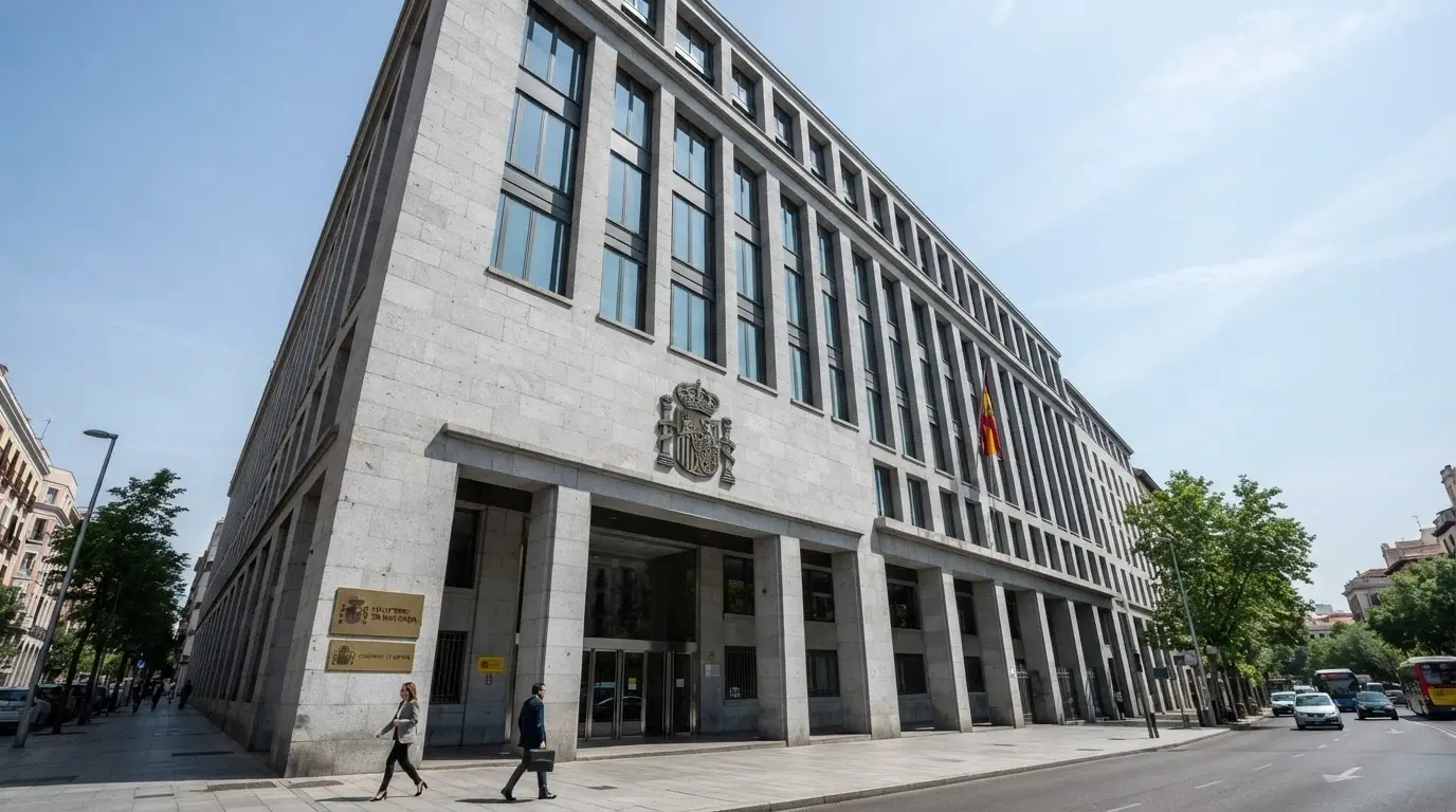 La fachada del Ministerio de Derechos Sociales, Consumo y Agenda 2030 en Madrid, con el logotipo de la DGOJ superpuesto en la esquina