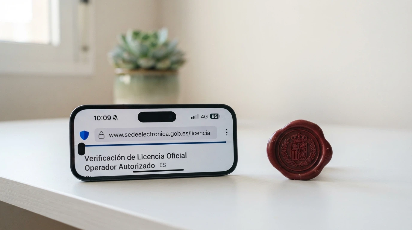 Primer plano del sello de la Dirección General de Ordenación del Juego junto a la pantalla de un móvil mostrando el dominio .es en la barra de direcciones de un casino