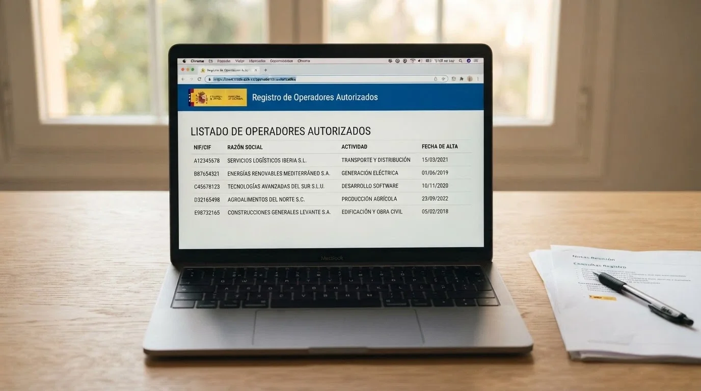 Pantalla de ordenador mostrando el sitio web ordenacionjuego.es con el listado público de operadores autorizados y un dominio .es resaltado en la barra de direcciones