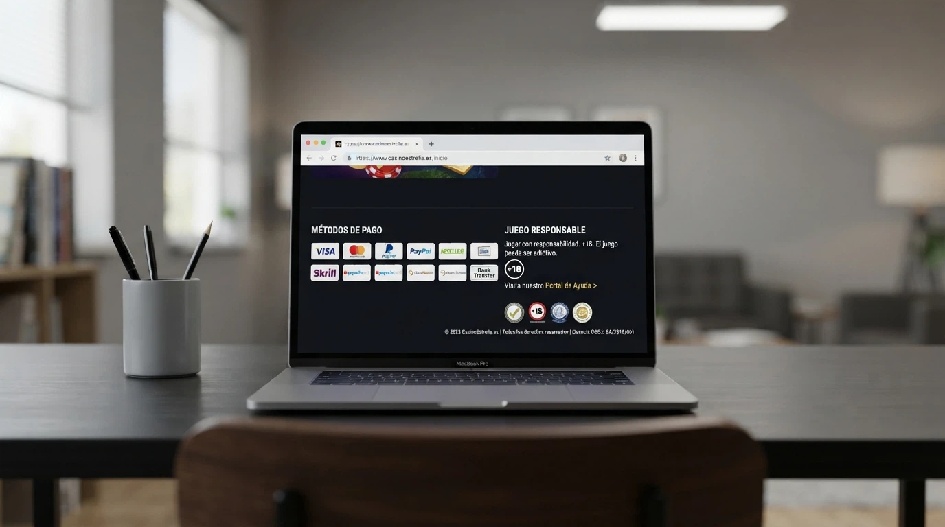 Sello de la Dirección General de Ordenación del Juego junto al dominio .es en el pie de página de un casino online regulado