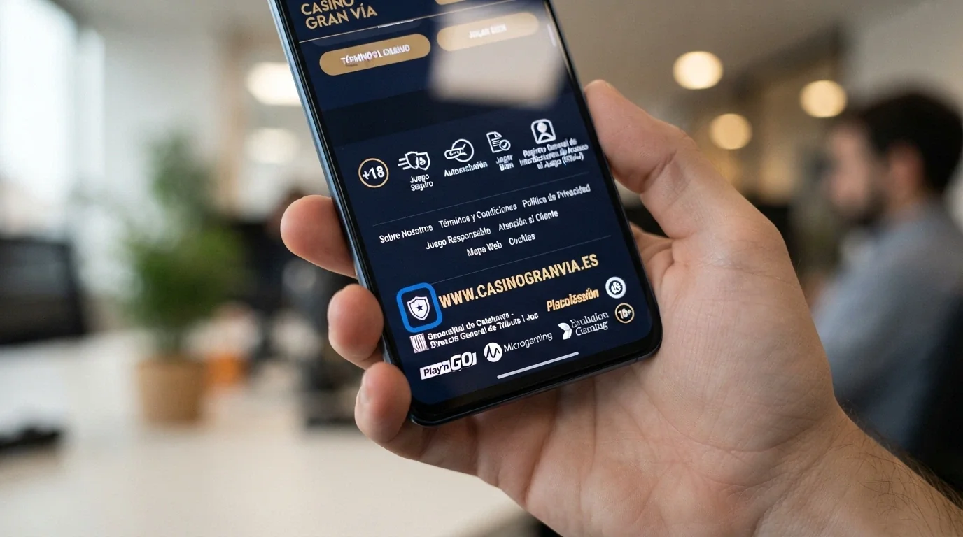 Primer plano de la pantalla de un móvil mostrando el pie de página de un casino online español con el sello DGOJ y el dominio .es resaltados