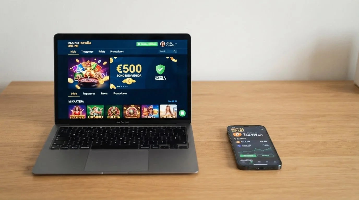 Comparación visual entre un casino con dominio .es junto al sello DGOJ y un sitio offshore con interfaz en inglés y depósito en criptomonedas