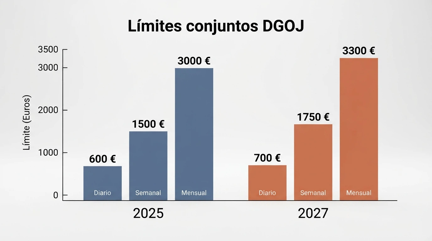 Un gráfico de barras comparando dos columnas: una etiquetada «2025» con cifras más bajas y otra «2027» con cifras más altas pero bajo el título «Límites conjuntos DGOJ»