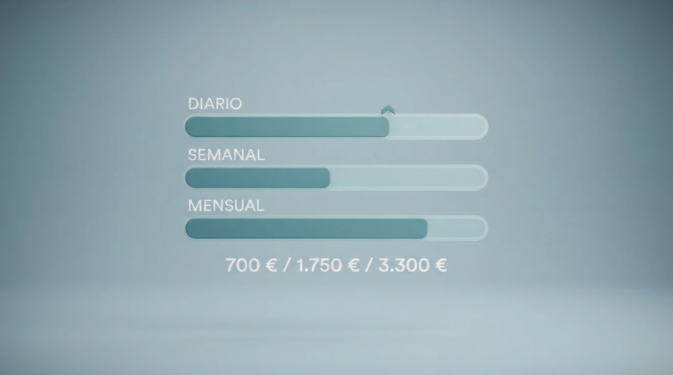 Un panel de control de juego responsable muestra tres barras graduadas con los límites diario, semanal y mensual, una de ellas señalando el cambio de 600 a 700 euros