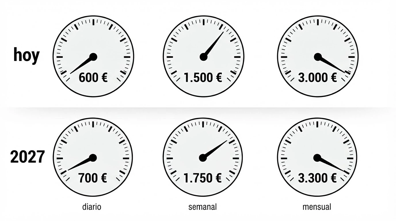 Panel de control con tres diales: uno marca 600 €, otro 1.500 € y un tercero 3.000 €, con una etiqueta de «2027» que añade una segunda fila de cifras