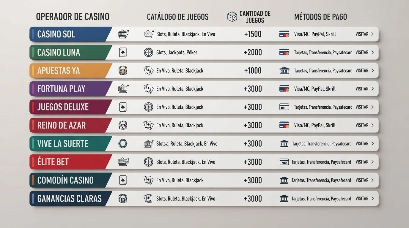Captura de una tabla comparativa con nombres de casinos, logotipos y datos clave