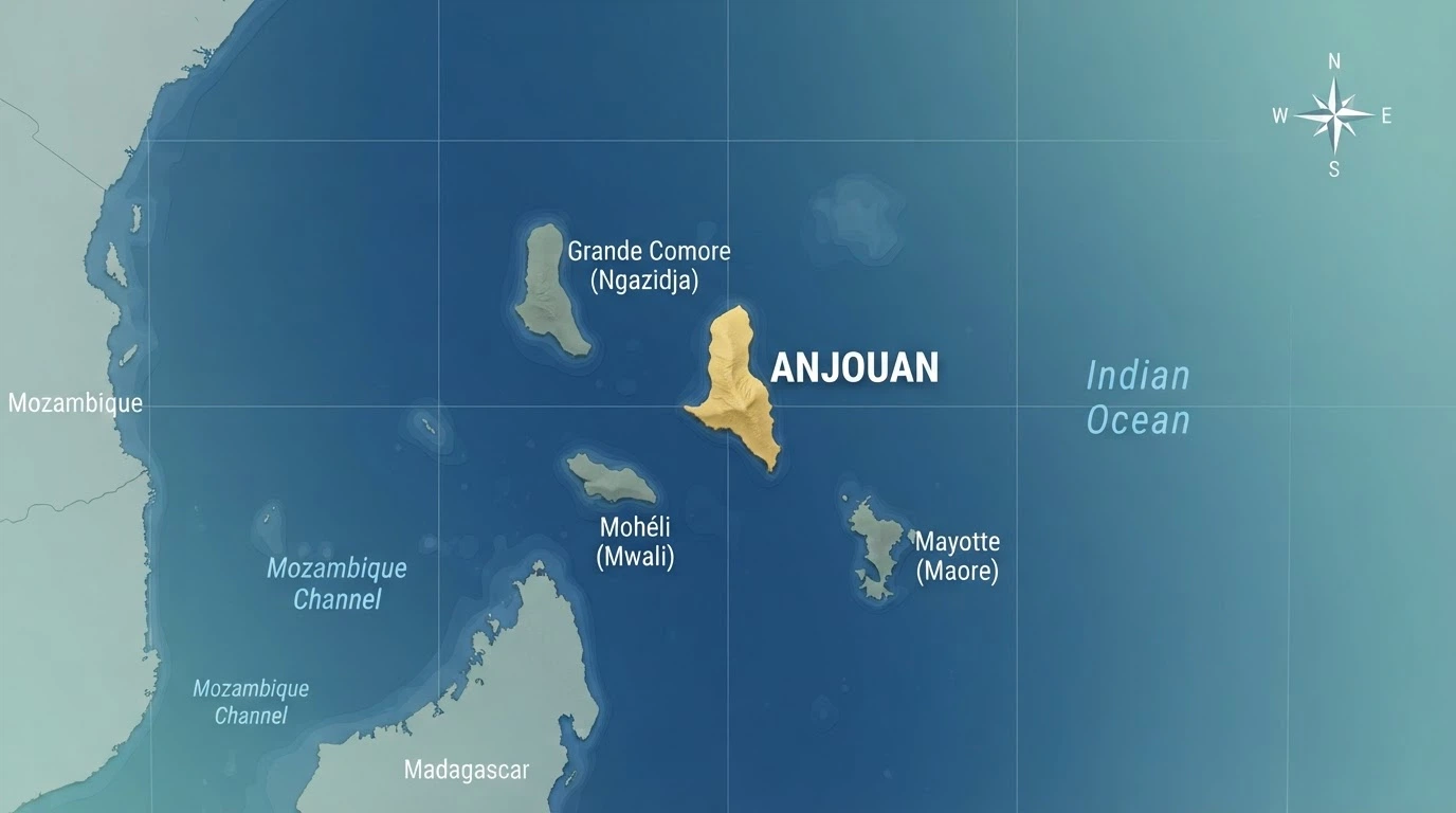 Mapa del océano Índico con la isla de Anjouan señalada dentro del archipiélago de las Comoras