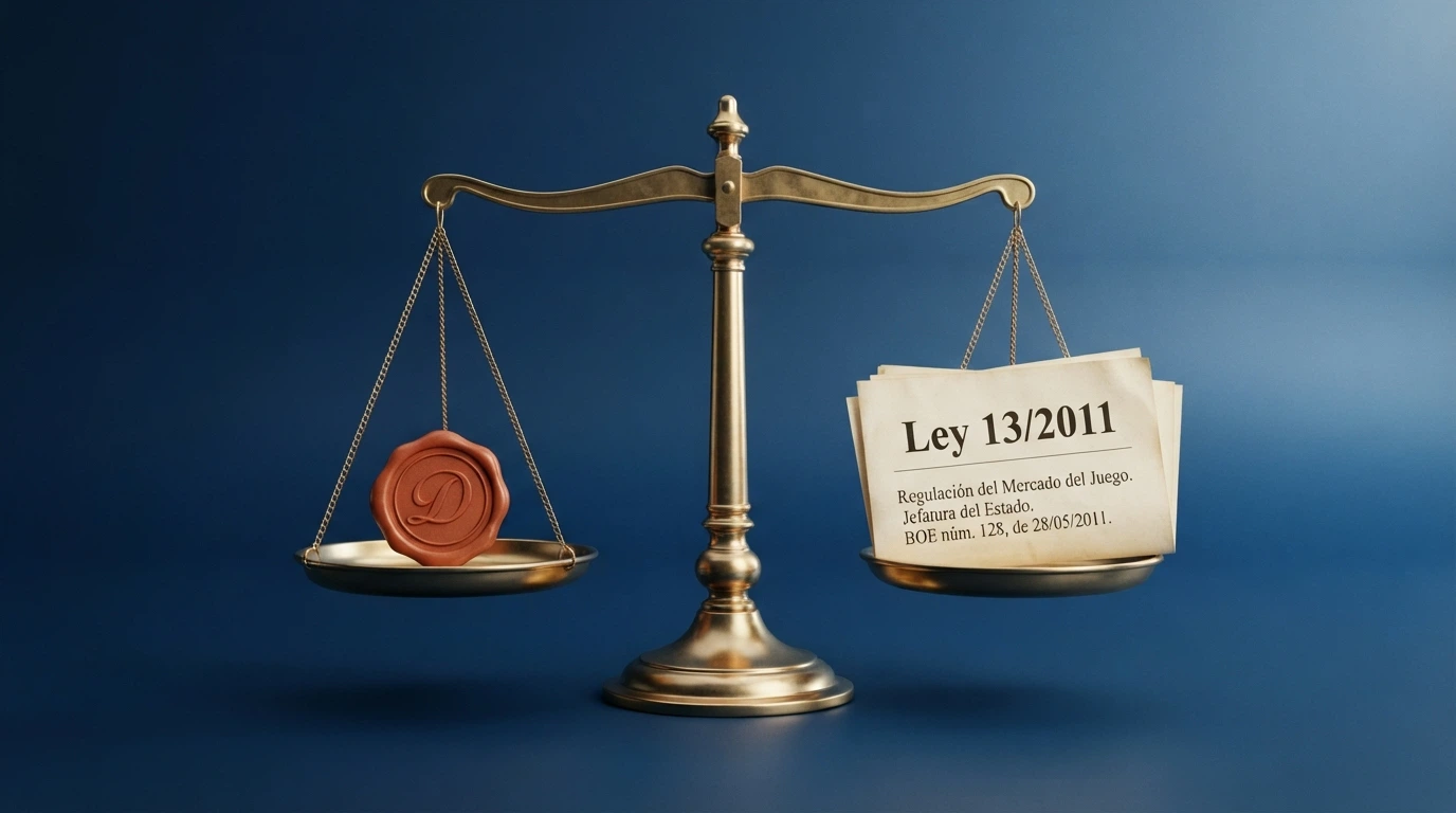 Balanza de la justicia con el logo de la DGOJ en un platillo y el texto «Ley 13/2011» en el otro, sobre un fondo azul institucional