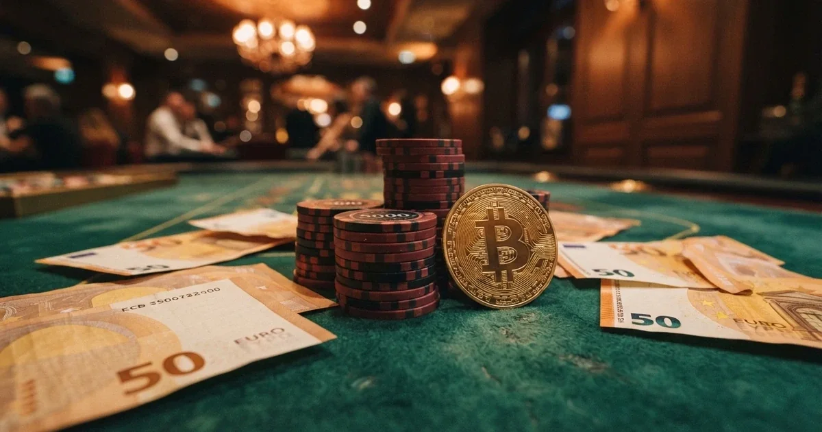 Vista de conjunto de los diez casinos online con Bitcoin analizados en esta guía: fichas, el símbolo de Bitcoin y billetes de euro sobre el tapete de una mesa de juego