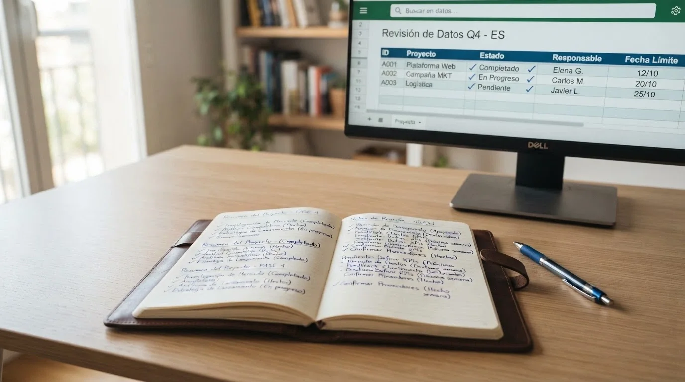 Una libreta de notas, un bolígrafo y una pantalla con el registro de la DGOJ abierto, sobre un escritorio ordenado