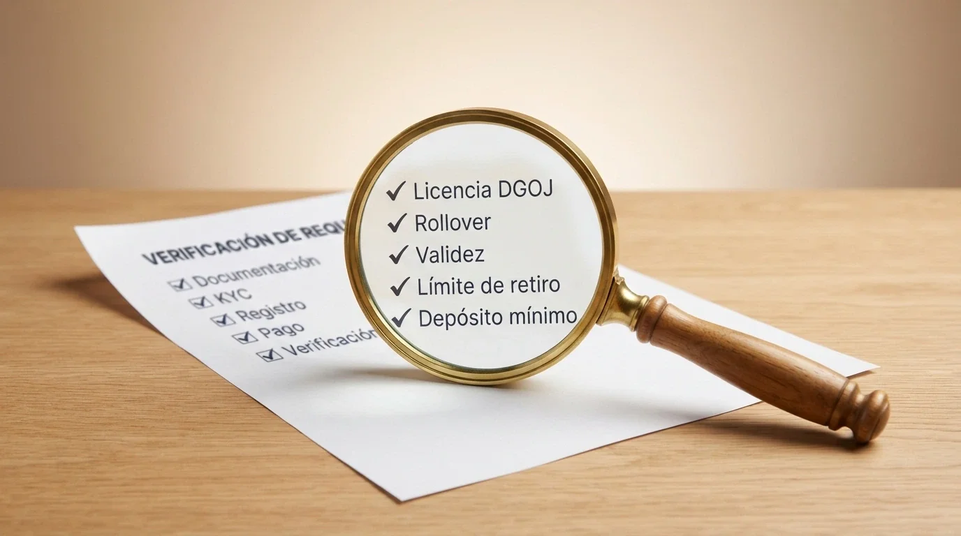 Una lupa sobre una lista de comprobación con los criterios: licencia DGOJ, rollover, validez, límite de retiro y depósito mínimo.